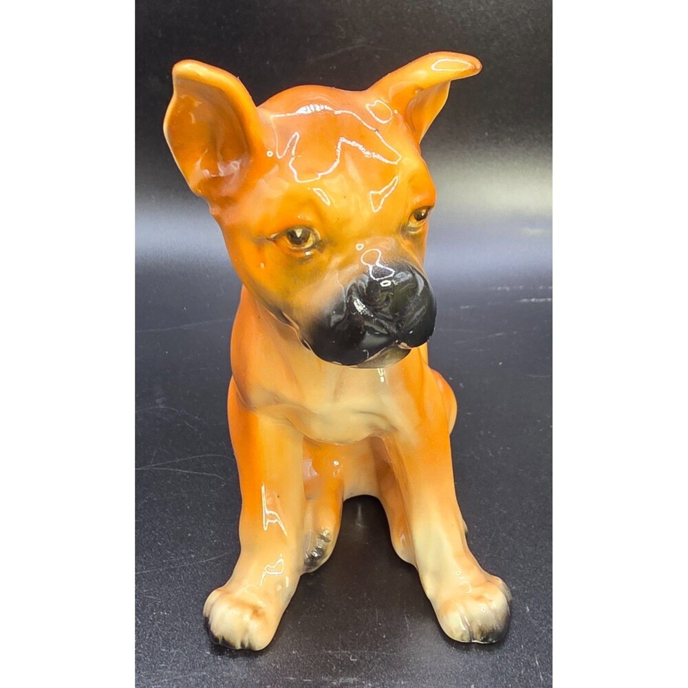 Ucagco Boxer Puppy Figurine Ceramic Japan Vintage Glossy Dog Statue 4.5"